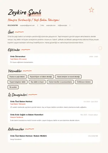 Hasta ve Yaşlı Bakım Elemanı Cv Örnekleri cv indir